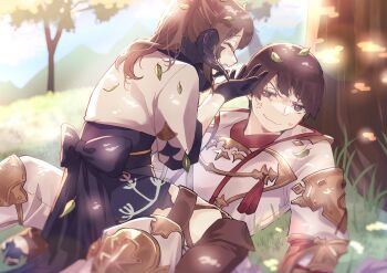 1boy 1other armor asahi_sas_brutus au_ra black_hair black_scales blush boots bow commentary commission commissioner_upload dragon_horns english_commentary final_fantasy final_fantasy_xiv gloves grass high_ponytail highres horns hyur izumi_tol_amulius japanese_armor japanese_clothes leaf leaf_on_head long_hair looking_at_another lying obi on_back on_grass open_mouth ponytail sash scales shoulder_armor sikiso_soso sitting sitting_on_person skeb_commission smile tail thigh_boots tree warrior_of_light_(ff14)