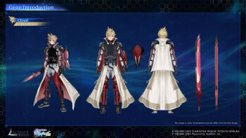 1boy absurdres black_gloves blonde_hair blue_eyes cape character_name closed_mouth cloud_strife cloud_strife_(equilibrium) company_name concept_art copyright_logo copyright_name cosplay english_text final_fantasy final_fantasy_vii final_fantasy_vii:_ever_crisis final_fantasy_xiii from_behind full_body gloves highres holding holding_sword holding_weapon in-franchise_crossover jacket lightning_farron lightning_farron_(cosplay) lightning_returns:_final_fantasy_xiii logo looking_at_viewer male_focus official_alternate_costume official_art pants popped_collar reference_sheet short_hair shoulder_pads spiked_hair standing straight-on sword waist_cape weapon white_cape white_jacket white_pants