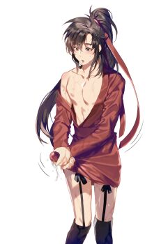 1boy ahoge alternate_costume black_hair black_thighhighs blush brown_eyes chinese_clothes collarbone crossdressing dripping feet_out_of_frame garter_straps hair_between_eyes hair_ribbon hanfu high_ponytail highres jujeop korean_commentary long_hair long_sleeves looking_down male_focus modao_zushi nipples off_shoulder open_clothes open_mouth open_robe parted_lips pectorals ponytail red_hanfu red_ribbon ribbon robe sidelocks simple_background single_bare_shoulder solo standing sweat thighhighs trap very_long_hair water wei_wuxian wet wet_clothes wet_face wet_hair white_background wringing_clothes