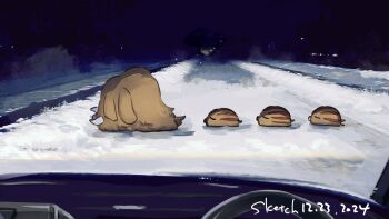 closed_eyes commentary_request dated evolutionary_line following from_side gen_2_pokemon highres night nintendo no_humans oguraan piloswine pokemon pokemon_(creature) sky snow swinub tusks winter