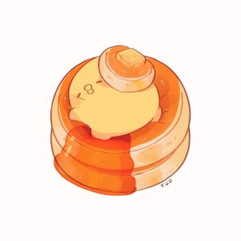butter commentary_request food kimipiyo_(tenmiyakiyo) maple_syrup no_humans on_food original pancake pancake_stack simple_background sleeping syrup tenmiyakiyo white_background