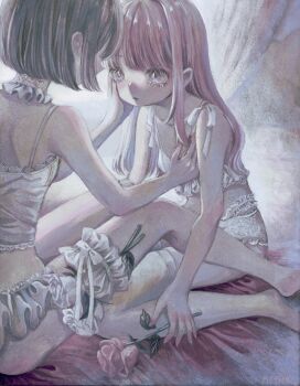 2girls absurdres bra brown_hair camisole commentary_request eyelashes flower hand_on_another's_cheek hand_on_another's_face highres holding holding_flower lace lace-trimmed_bra lace-trimmed_panties lace_trim long_hair looking_at_another monou_pico multiple_girls original panties pink_eyes pink_hair rose short_hair sitting thigh_strap thighhighs underwear white_bra white_camisole white_flower white_panties white_rose white_thighhighs yuri