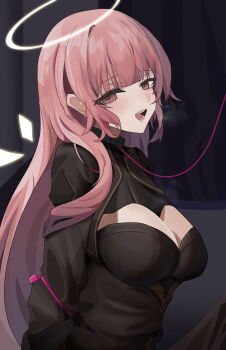 1girl absurdres arknights arms_behind_back black_dress breasts cleavage commentary_request detached_wings dress from_side halo heart heart-shaped_pupils highres lastmatch500 lemuen_(arknights) light_blush long_hair long_sleeves looking_at_viewer looking_to_the_side medium_breasts open_mouth paid_reward_available pink_eyes pink_hair restrained solo symbol-shaped_pupils traditional_halo white_halo white_wings wings