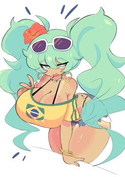 1girl ahoge aqua_eyes aqua_hair bracelet brazilian_miku breasts dark-skinned_female dark_skin earrings gigantic_breasts hatsune_miku huge_breasts jeans_shorts jewelry long_hair necklace open_mouth pearl_necklace shorts smile sunglasses_on_head sunrisenew table tan tanline twintails v