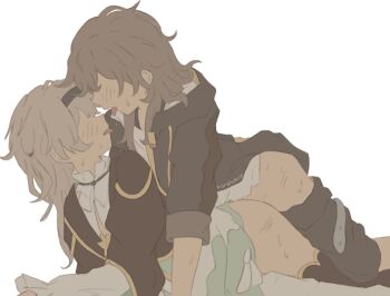 Rule 34 | 2girls, artist name, black hairband, black jacket, blush, brown hair, commentary, dress, firefly (honkai: star rail), girl on top, grey hair, hairband, hashtag-only commentary, honkai: star rail, honkai (series), jacket, korshokor, multiple girls, stelle (honkai: star rail), sweat, tongue, tongue out, trailblazer (honkai: star rail), white dress, yuri