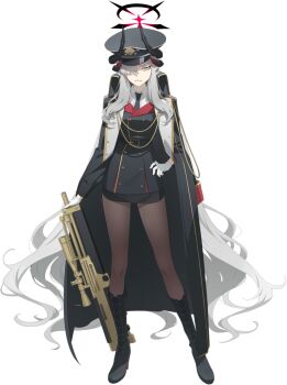 1girl aiguillette arm_out_of_sleeve black_boots black_halo black_horns black_skirt blue_archive boots bullpup coat commentary demon_horns doremi_(doremi4704) english_commentary full_body gloves grey_hair gun hair_over_one_eye halo hat highres horns long_hair looking_at_viewer makoto_(blue_archive) miniskirt necktie official_art peaked_cap pencil_skirt pink_halo pointy_ears rifle skirt sniper_rifle surprised thighhighs transparent_background very_long_hair walther walther_wa_2000 weapon