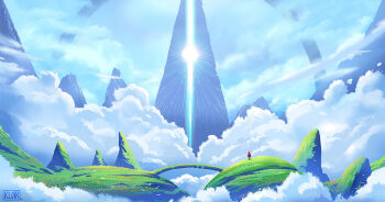 blue_sky circuit cloud cloudy_sky commentary english_commentary fantasy grasslands hill kloir landscape mountain original painterly scenery sky structure sunburst