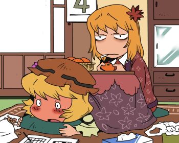 2girls aki_minoriko aki_shizuha bags_under_eyes basket black_eyes blonde_hair blush brown_hat cigarette closed_mouth commentary_request crossword_puzzle cushion food frown fruit hair_ornament hat indoors japanese_clothes kimono kotatsu leaf leaf_hair_ornament mandarin_orange maple_leaf mob_cap multiple_girls onikobe_rin open_mouth red_kimono shelf short_hair siblings sisters table tissue_box touhou under_kotatsu under_table upper_body zabuton