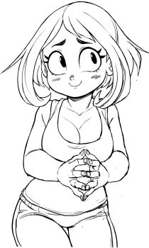 blush boku_no_hero_academia breasts cleavage fingertips_together highres large_breasts short_hair sketch tank_top teevo uraraka_ochako