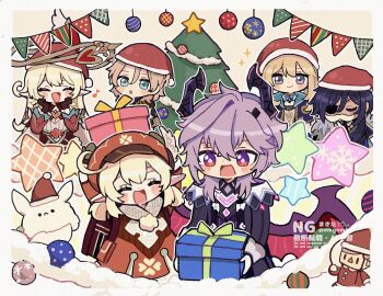 :d albedo_(genshin_impact) alice_(genshin_impact) blonde_hair blue_eyes christmas_ornaments christmas_tree closed_eyes commentary_request dodoco_(genshin_impact) dragon_boy dragon_horns dragon_wings durin_(genshin_impact) genshin_impact hat highres horns jean_(genshin_impact) kaeya_(genshin_impact) klee_(genshin_impact) mkgnmk3 open_mouth purple_hair santa_hat smile snowflakes star_(symbol) wings