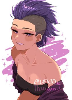 1girl absurdres bare_shoulders blush blush_stickers breasts cleavage collarbone commentary_request commission commissioner_name ear_piercing earrings eyelashes highres jacket jewelry koucha_(pankeki_koucha) mohawk off_shoulder open_clothes open_jacket original piercing purple_eyes purple_hair purple_jacket short_hair smile solo sparkle teeth thank_you tomboy very_short_hair