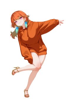 1girl :3 breasts closed_mouth colored_inner_hair feathers full_body gold_shoes gradient_hair green_feathers green_hair hair_flaps high_heels highres hololive hololive_english hood hoodie large_breasts long_hair looking_at_viewer multicolored_hair no_pants orange_hair orange_hoodie outstretched_arm purple_eyes sansha_art shoes simple_background single_sleeve_past_fingers solo takanashi_kiara toes virtual_youtuber white_background