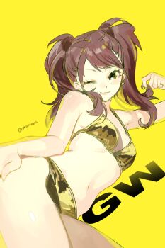 1girl bikini blush bow brown_hair commentary_request cowboy_shot earrings gold_bikini groin hand_on_own_ass hand_rest highres holding_own_hair jewelry kujikawa_rise looking_at_viewer lying meameeea medium_hair on_side one_eye_closed persona persona_4 sidelocks smile solo swimsuit twintails twitter_username yellow_bow yellow_eyes