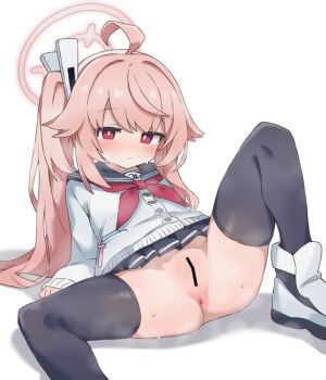 1girl ahoge aku0 anus arms_at_sides bar_censor black_sailor_collar black_shoes black_skirt black_thighhighs blue_archive blush blush_visible_through_hair bottomless bright_pupils buttons cardigan censored closed_mouth colored_shoe_soles commentary expressionless foot_out_of_frame hair_between_eyes hair_flaps halo heavy_breathing highres huge_ahoge jitome knee_up light_frown loli long_hair long_sleeves looking_at_viewer miniskirt multicolored_shoes natsu_(blue_archive) neckerchief no_panties nose_blush pink_hair pink_halo pleated_skirt pocket puffy_long_sleeves puffy_sleeves pussy red_eyes red_neckerchief sailor_collar school_uniform shadow shoes sidelocks simple_background sitting skindentation skirt smell solo spread_legs sweat thighhighs twintails two-tone_shoes very_long_hair white_background white_cardigan white_pupils white_shoes