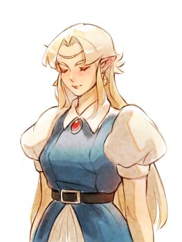 1girl belt blonde_hair brooch closed_eyes collared_shirt dress earrings jewelry long_hair mmariesr nintendo official_alternate_costume pointy_ears princess_zelda puffy_short_sleeves puffy_sleeves shirt short_sleeves smile solo the_legend_of_zelda the_legend_of_zelda:_a_link_to_the_past triforce upper_body white_background