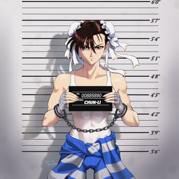 1girl 92penpen capcom chun-li commission cuffs handcuffs highres luca_balsa mugshot pixiv_commission prison prison_clothes prisoner shackles street_fighter