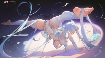 1girl balancing bare_shoulders barefoot blue_eyes breasts cameltoe cinderella_(glass_princess)_(nikke) cinderella_(nikke) cleavage dress elbow_gloves feet flexible gloves goddess_of_victory:_nikke greatodoggo hair_over_one_eye handstand highres large_breasts leotard long_hair looking_at_viewer navel no_shoes official_alternate_costume see-through_clothes see-through_dress soles solo spread_legs stirrup_legwear thighhighs toe_scrunch toeless_legwear toenails toes twintails upside-down very_long_hair white_gloves white_hair white_leotard white_thighhighs