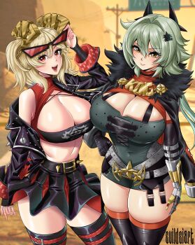 Rule 34 | absurdres, artist name, black gloves, black horns, black jacket, black skirt, black thighhighs, blonde hair, blush, breasts, burnice white, caesar king (zenless zone zero), cleavage, commentary, crop top, english commentary, evil-dei, eyewear on head, fur-trimmed jacket, fur trim, gloves, green hair, hair between eyes, hair ornament, hand up, highres, horns, jacket, large breasts, long hair, looking at viewer, multiple girls, navel, open mouth, prosthesis, prosthetic arm, red-tinted eyewear, red eyes, signature, skirt, smile, spiked belt, spiked jacket, standing, sunglasses, teeth, thighhighs, thighs, tinted eyewear, twintails, upper teeth only, yellow eyes, zenless zone zero