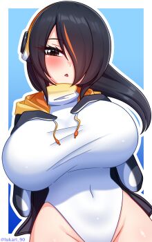 1girl absurdres bird_girl black_eyes black_gloves black_hair black_jacket blue_background blush breasts emperor_penguin_(kemono_friends) gloves hair_over_one_eye hands_on_own_chest headphones highres huge_breasts jacket kemono_friends large_breasts long_hair long_sleeves looking_at_viewer lukari multicolored_hair one-piece_swimsuit open_clothes open_jacket open_mouth orange_hair penguin_girl standing streaked_hair swimsuit white_one-piece_swimsuit