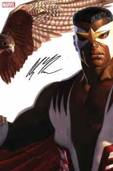 1boy alex_ross bird black_hair brown_eyes captain_america_(series) comic_cover company_name cover cover_page dark-skinned_male dark_skin fake_wings falcon logo looking_at_viewer marvel mask merchandise_available muscular muscular_male official_art one_eye_in_shadow plunging_neckline realistic red_wings sam_wilson short_hair signature solo_focus superhero_costume the_falcon upper_body white_background wings