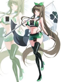 1girl absurdres black_survival black_thighhighs breasts brown_hair choker cleavage cleavage_cutout closed_mouth clothing_cutout crop_top eternal_return:_black_survival flag full_body green_choker green_eyes green_sandals green_skirt gweon_sua hair_ribbon hashtag-only_commentary high_heels highleg highres holding holding_flag large_breasts leg_up long_hair looking_at_viewer midriff miniskirt navel panty_straps ponytail race_queen ribbon sandals shiny_clothes shirt simple_background skirt sleeveless sleeveless_shirt smile solo stomach suisen_(suisenhwa) thighhighs thighs two-tone_shirt very_long_hair white_background wristband zettai_ryouiki zoom_layer