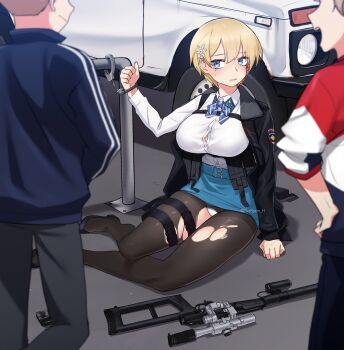 1girl 2boys absurdres ammunition_pouch black_coat black_footwear black_jacket black_pantyhose blonde_hair blue_eyes blue_skirt blush breasts buckle button_gap car coat cuffs fur-trimmed_coat fur_trim girls'_frontline gun hair_ornament handcuffed harness highres jacket lada_(car) large_breasts load_bearing_vest long_sleeves looking_to_the_side magazine_(weapon) mole mole_under_eye motor_vehicle multiple_boys narynn on_floor open_mouth panties panties_under_pantyhose pantyhose pantyshot pencil_skirt pouch restrained rifle scope shirt shirt_tucked_in short_hair sitting skirt snap-fit_buckle sniper_rifle snowflake_hair_ornament solo_focus sports_utility_vehicle strap suppressor sweat thigh_pouch thigh_strap torn_clothes torn_legwear torn_pantyhose track_jacket underwear van vsk-94 vsk-94_(girls'_frontline) weapon white_panties white_shirt