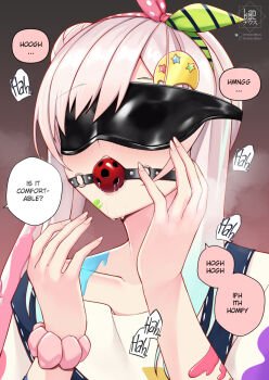 Rule 34 | 1girl, airani iofifteen, airani iofifteen (1st costume), artist logo, ball gag, ball gag progress bar (meme), blindfold, blue overalls, blush, collarbone, commentary, english commentary, english text, gag, gradient hair, green ribbon, hair bun, hair ribbon, hololive, hololive indonesia, landacdeus, logo, long hair, meme, multicolored hair, multicolored ribbon, overalls, paid reward available, paint splatter, paint splatter on face, palette hair ornament, pink hair, pink ribbon, polka dot, polka dot ribbon, purple eyes, ribbon, saliva, speech bubble, striped ribbon, symbol in eye, upper body, virtual youtuber