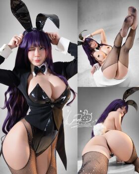 1girl artist_name ass black_leotard breasts cleavage cosplay cosplay_photo female_focus fishnets highres huge_ass izayoi_arisa izayoi_arisa_(cosplay) kitagawa_marin kitagawa_marin_(cosplay) leotard looking_at_viewer medium_breasts multiple_views photo_(medium) playboy_bunny purple_hair rabbit_ears real_life sono_bisque_doll_wa_koi_wo_suru umekojcosplayer vietnamese watermark