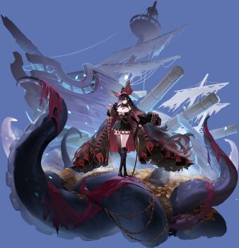 1girl absurdly_long_hair absurdres azur_lane black_boots black_dress black_hair black_thighhighs boots breasts cleavage closed_mouth coat coat_on_shoulders dress full_body hat highres jewelry knee_boots large_breasts long_hair long_sleeves looking_at_viewer multicolored_hair multiple_rings non-web_source octopus official_art pink_eyes pink_hair pirate pirate_hat queen_anne&#039;s_revenge_(azur_lane) ring single_thighhigh solo spider_web_print standing streaked_hair tentacles thighhighs very_long_hair