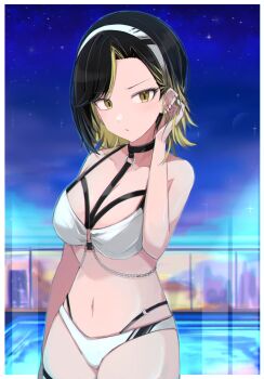 1girl asymmetrical_bangs bikini black_choker black_hair blurry blurry_background breasts choker cowboy_shot ear_piercing headband highres idolmaster idolmaster_shiny_colors ikaruga_luca leather_strap medium_breasts multicolored_hair night official_alternate_costume piercing poolside sakuragi_raia short_hair sky solo star_(sky) streaked_hair swimsuit white_bikini white_headband yellow_eyes