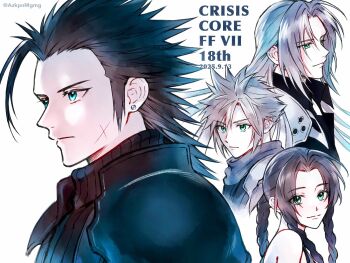 1girl 3boys 3wa_tari aerith_gainsborough anniversary aqua_eyes armor black_coat black_hair blonde_hair braid braided_ponytail brown_hair cloud_strife coat copyright_name crisis_core:_final_fantasy_vii cross_scar dated dress earrings facial_scar final_fantasy final_fantasy_vii green_eyes grey_hair hair_between_eyes hair_ribbon hair_slicked_back highres jewelry light_smile long_hair multiple_boys parted_bangs pauldrons ribbon scar scar_on_cheek scar_on_face scarf sephiroth shinra_infantry_uniform short_hair shoulder_armor sideburns sidelocks single_braid single_earring single_pauldron sleeveless sleeveless_dress spiked_hair turtleneck twitter_username upper_body white_background zack_fair