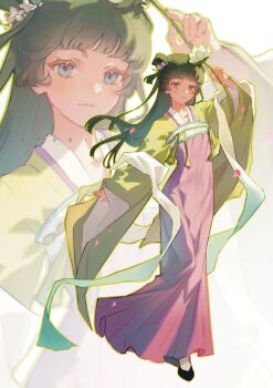 Rule 34 | 1girl, black shoes, blue eyes, blunt bangs, blush, chinese clothes, commentary request, double bun, dress, falling petals, flower, full body, green dress, green hair, hair bun, half updo, highres, holding, holding flower, kusuriya no hitorigoto, long dress, maomao (kusuriya no hitorigoto), petals, pink dress, shawl, shoes, solo, tokitokiee, white shawl, wide sleeves