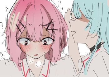 ? ^^^ amaori_renako aqua_hair blush breathing hair_ornament heart heart-shaped_pupils highres nobunaga_(nbng_g) pink_hair symbol-shaped_pupils watashi_ga_koibito_ni_nareru_wake_naijan_murimuri! whispering_in_ear x_hair_ornament