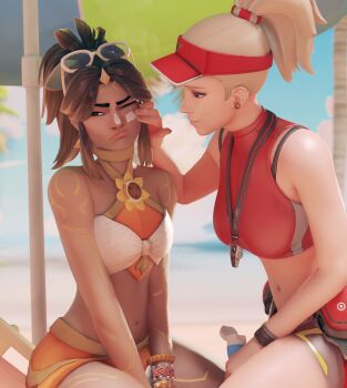 2girls 3d absurdres alternate_eye_color applying_sunscreen bare_shoulders beach beach_umbrella blonde_hair blurry body_freckles bracelet breasts brown_eyes brown_hair closed_mouth cloud commentary crop_top dark-skinned_female dark_skin depth_of_field english_commentary english_text eyewear_on_head freckles fugtrup hat high_ponytail highres horizon illari_(overwatch) jewelry large_breasts lifeguard lifeguard_mercy light_frown light_smile long_hair looking_at_another medium_breasts mercy_(overwatch) midriff multiple_girls navel outdoors overwatch palm_tree ponytail poolside_illari protected_link red_hat shoulder_freckles sitting tree umbrella visor_cap water whistle whistle_around_neck white-framed_eyewear