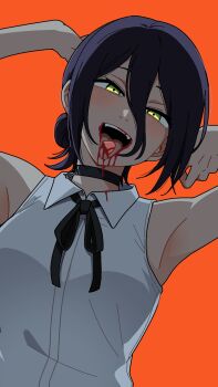 1girl arm_up black_hair black_ribbon blood blood_from_mouth blush chainsaw_man collared_shirt galois green_eyes highres looking_at_viewer neck_ribbon orange_background reze_(chainsaw_man) ribbon severed_tongue shirt simple_background sleeveless sleeveless_shirt solo teeth tongue tongue_out upper_teeth_only white_shirt