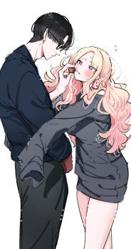 1girl 1other black-framed_eyewear black_hair black_pants black_shirt blonde_hair blush chocolate commentary facing_another flying_sweatdrops food gakuen_idolmaster glasses grey_sweater hetero highres holding holding_chocolate holding_food idolmaster juo_sena kasasagi_(futagodori888) long_hair multicolored_hair pants pink_hair producer_(idolmaster) purple_eyes shirt simple_background sleeves_past_fingers sleeves_past_wrists streaked_hair sweater thighs two-tone_hair very_long_hair white_background