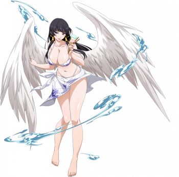 Rule 34 | 1girl, alternate costume, barefoot, black hair, blunt bangs, breasts, cleavage, dead or alive, feathered wings, food, full body, highres, hime cut, holding, holding food, holding ice cream, ice cream, langrisser, mole, mole under mouth, nyotengu, official art, purple eyes, sarong, smile, solo, swimsuit, white wings, wings