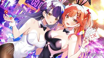 2girls animal_ears bare_shoulders black_hairband black_leotard bow bowtie breasts brown_pantyhose card cleavage clothing_cutout covered_navel detached_collar dice dutch_angle earrings fake_animal_ears hairband hand_up haruluna holding holding_card jewelry kirishima_haru kirishima_luna large_breasts leotard long_hair looking_at_viewer mole mole_under_eye mole_under_mouth motsunuki multiple_girls one_side_up open_mouth orange_hair pantyhose playboy_bunny playing_card purple_hair rabbit_ears smile strapless strapless_leotard underboob_cutout white_hairband white_leotard wrist_cuffs yellow_eyes