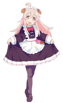 1girl :d ahoge animal_ears apron black_pantyhose black_shoes blush bow bowtie brown_eyes commentary_request dog_ears frilled_apron frills full_body hair_between_eyes ki_(adotadot) long_hair long_sleeves looking_at_viewer maid maid_headdress official_alternate_costume onii-chan_wa_oshimai! open_mouth oyama_mahiro pantyhose pink_hair red_bow red_bowtie shoes simple_background skirt_hold smile solo standing white_apron white_background