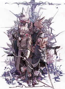 4boys animal_ears back-to-back boots bow_(weapon) brown_fur brown_hair cat_boy cat_ears coat denchou dog_boy dog_ears furry furry_male grass gun highres holding holding_bow_(weapon) holding_pocket_watch holding_sword holding_weapon male_focus multiple_boys original painterly pocket_watch rabbit_boy rabbit_ears scarf serious shadow sidelighting standing sword trench_coat watch weapon white_background white_fur white_hair