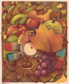 acorn apple aspear_berry autumn autumn_leaves berry_(pokemon) black_eyes bluk_berry border chestnut commentary esuke_coil figy_berry food fruit gen_1_pokemon highres in_food kebia_berry leaf looking_at_viewer magnemite magnet nintendo no_humans one-eyed persim_berry pokemon pokemon_(creature) pomeg_berry screw solo sweet_apple_(pokemon) twitter_username wepear_berry white_border