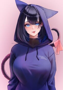1girl :p absurdres animal_ears animal_hood black_hair black_shirt blue_eyes blue_hair blue_hoodie bow breasts cat_ears cat_girl cat_hood cat_tail character_name colored_inner_hair commentary english_commentary hair_between_eyes hair_intakes highres hololive hololive_english hood hood_up hoodie large_breasts lazik_1337 looking_at_viewer multicolored_hair ouro_kronii pink_background pink_bow shirt short_hair simple_background solo tail tail_bow tail_ornament tongue tongue_out turtleneck upper_body virtual_youtuber