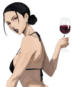 alcohol back bikini black_bikini black_hair black_lips breasts commentary cup debbie_grayson drinking_glass earrings eyeshadow hair_bun hex_mamaso highres holding holding_cup invincible_(series) jewelry looking_at_viewer makeup mature_eyes mature_female medium_breasts open_mouth pearl_earrings red_wine single_hair_bun swimsuit upper_body wine wine_glass