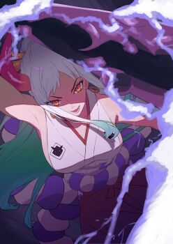 1girl aqua_hair breasts club club_(weapon) dutch_angle earrings eyelashes floating_hair hakama holding holding_weapon horns japanese_clothes jewelry kanabou kimono large_breasts mixed-language_commentary official_art one_piece open_mouth orange_eyes ponytail red_hakama rope shimenawa sidelocks sleeveless sleeveless_kimono smile solo umi_(kaioekaki) weapon white_hair white_kimono yamato_(one_piece)