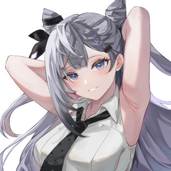 1girl absurdres alternate_costume armpits arms_up asymmetrical_hair bare_shoulders black_necktie black_ribbon blue_eyes blush braid braided_bangs breasts cone_hair_bun dimazu double-parted_bangs double_bun grey_hair hair_behind_ear hair_between_eyes hair_bun hair_ornament hair_ribbon hairclip highres hololive hololive_indonesia long_hair looking_at_viewer medium_breasts necktie presenting_armpit ribbon shirt simple_background single_braid single_sidelock sleeveless sleeveless_shirt smile solo two_side_up upper_body vestia_zeta virtual_youtuber white_background white_shirt