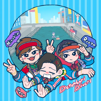 6+boys :3 :d adjusting_clothes adjusting_headwear akanegakubo_ryoutarou amayado_rei asymmetrical_bangs bandana bandana_around_neck baseball_cap black_hair blue_background blue_bandana blush_stickers bracelet bridge brown_hair building character_name city closed_eyes costume_request deformed dotsuitare_hompo double_v doutonbori_divers drawstring eyewear_on_headwear fang glasses gold_bracelet gold_ring green_jacket group_name gyozaz hair_ornament hairpin hand_up hat highres hood hoodie hypnosis_mic hypnosis_mic:_rule_the_stage jacket jewelry lapel_pin lapels layered_shirt leaning_forward looking_at_viewer male_focus multicolored_jacket multiple_boys multiple_hairpins multiple_rings notched_lapels nurude_sasara open_hand open_mouth outside_border outstretched_arms parted_bangs parted_hair peanut_mouth pinky_ring print_hat railing raised_inner_eyebrows red_hoodie ring river romaji_text round_image short_hair single_blush_sticker skyline sleeves_pushed_up smile smirk speech_bubble striped_background takanashi_haru_(hypnosis_mic:_rule_the_stage) teardrop thick_outlines thought_bubble three-quarter_sleeves tied_drawstring track_jacket tsutsujimori_rosho v visor_cap watamoto_hirotaka wavy_hair zipper