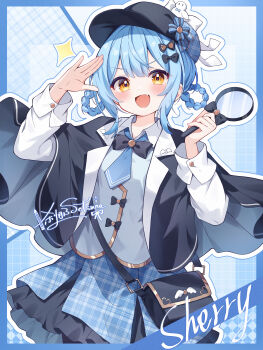 1girl absurdres bag black_bow black_bowtie black_capelet black_hair black_skirt blue_background blue_border blue_hair blue_necktie blue_skirt blush border bow bowtie braid braided_hair_rings capelet character_name collared_shirt cowboy_shot deerstalker grey_shirt grid_background hair_rings hat highres holding holding_magnifying_glass layered_skirt magnifying_glass mahou_shoujo_no_majo_saiban necktie open_mouth outline plaid_clothes plaid_skirt salute setsuna_0430 shirt short_hair short_necktie sidelocks signature skirt smile solo tachibana_sherry yellow_eyes