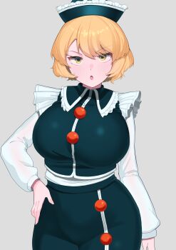 1girl :o absurdres black_hat black_skirt black_vest blonde_hair breasts commentary_request contrapposto curvy hand_on_own_hip hat highres large_breasts light_blush long_hair looking_at_viewer lunasa_prismriver shirt short_hair simple_background skirt solo touhou urizaku3 vest white_background white_shirt yellow_eyes