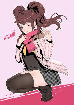 1girl black_thighhighs brown_eyes brown_hair commentary eightyfourart english_commentary highres houndstooth kujikawa_rise mary_janes one_eye_closed persona persona_4 pink_scarf pink_sweater scarf school_uniform shoes sweater thighhighs twintails v yasogami_school_uniform zettai_ryouiki