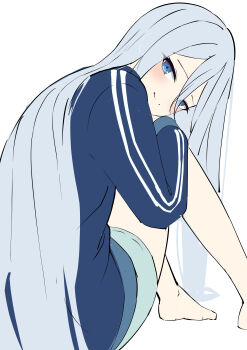 Rule 34 | absurdres, blue eyes, blue jacket, blue shorts, blush, closed mouth, hair between eyes, highres, jacket, long hair, looking at viewer, looking back, maou1561, project sekai, shorts, sitting, smile, thighs, very long hair, white background, white hair, yoisaki kanade